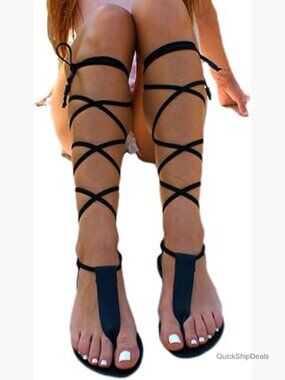 Flat Knee High Gladiator Sandals Strappy Lace Up Thong Flip Flops
